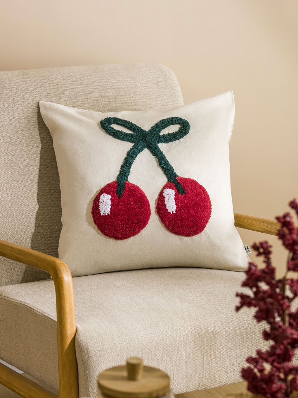 Cherry Embroidered Cushion Cover 45x45 cm