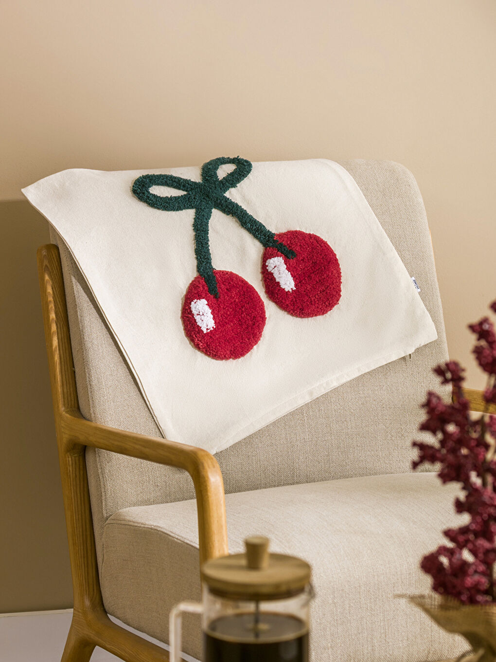 Cherry Embroidered Cushion Cover 45x45 cm-1