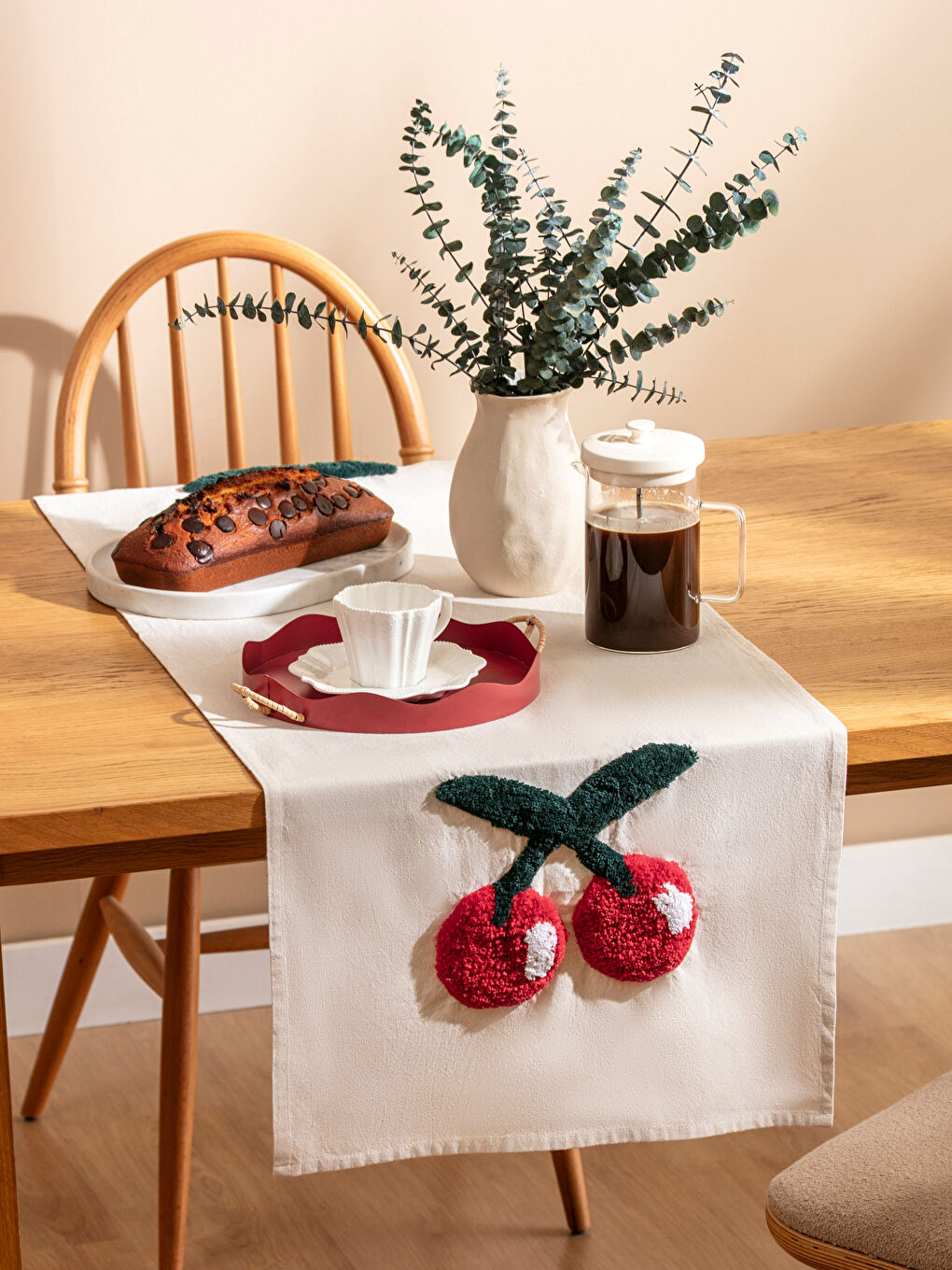 Bej Kiraz Nakışlı Runner 45x150 cm