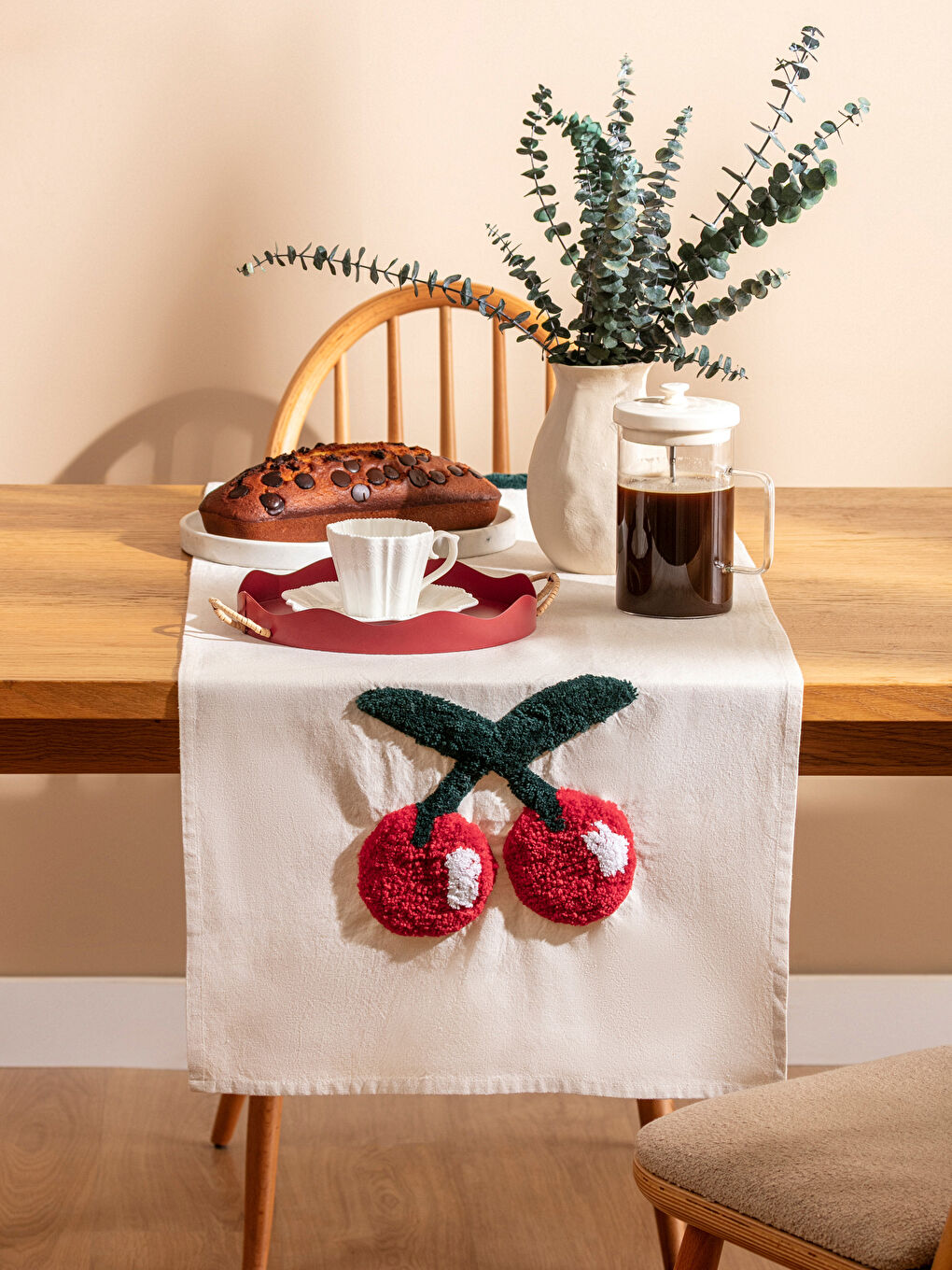 Bej Kiraz Nakışlı Runner 45x150 cm-1