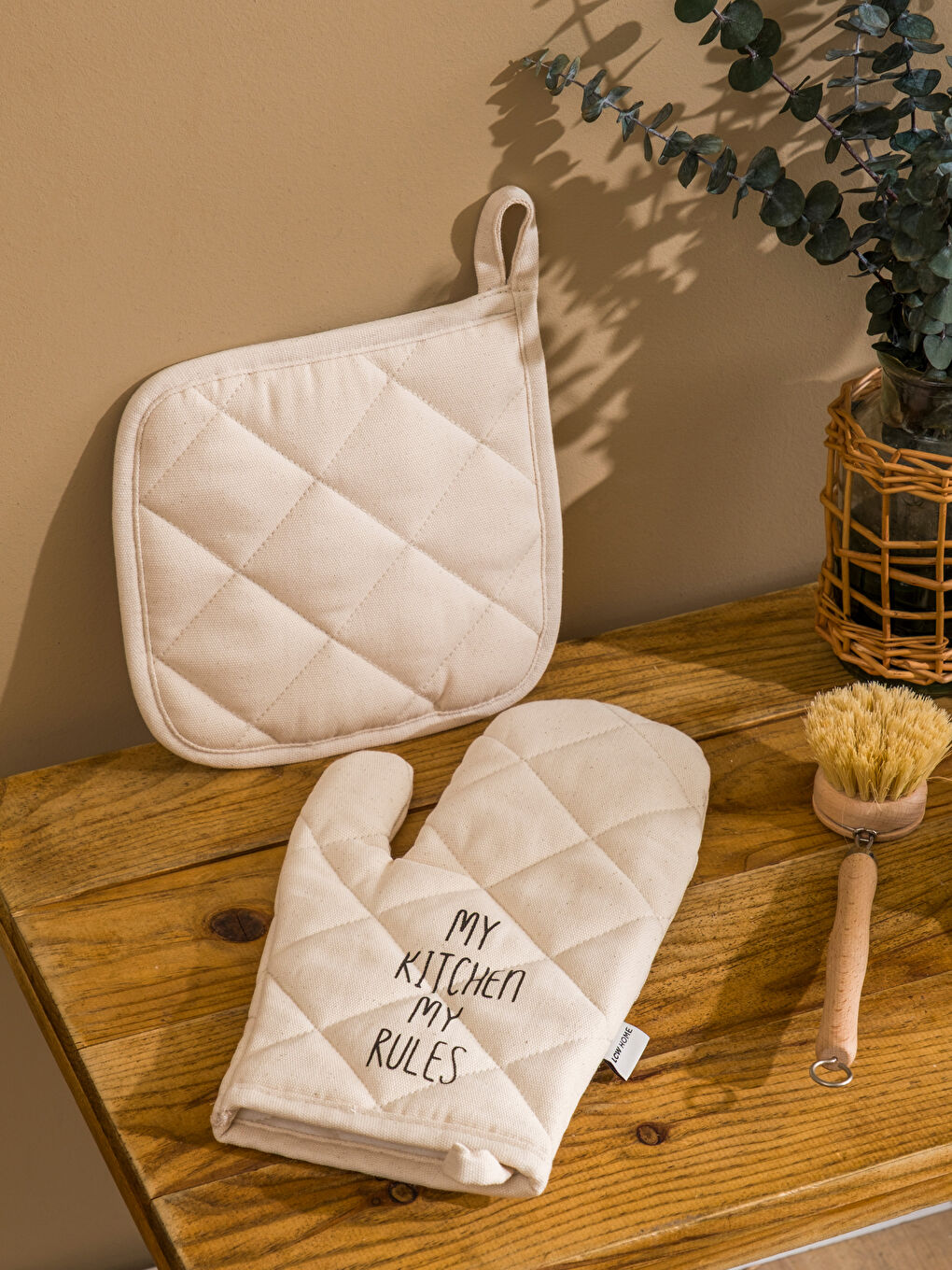 Ekru Baskılı Fırın Eldiveni ve Tutaç-1