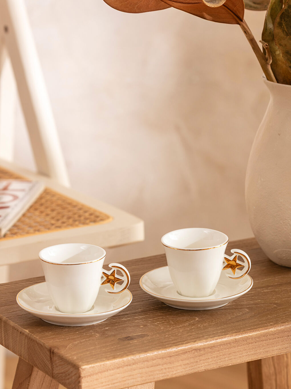 Ekru Yıldız Desenli 2 Kişilik Porselen Kahve Fincan Takımı 90 ml