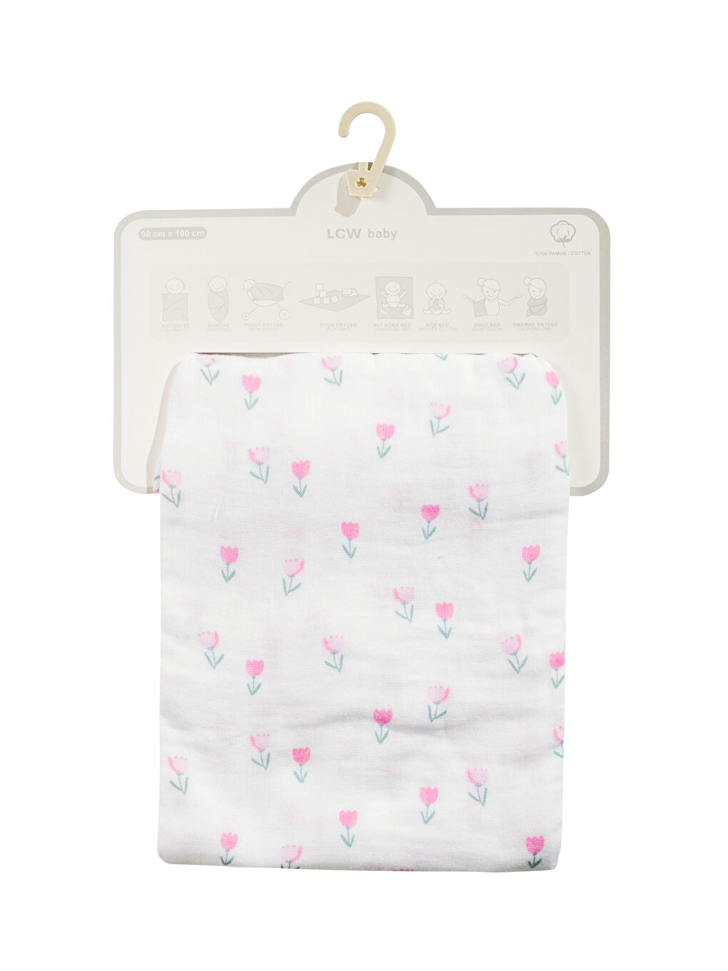 Ekru Çiçek Desenli Kız Bebek Müslin Örtü 90x100 cm-4