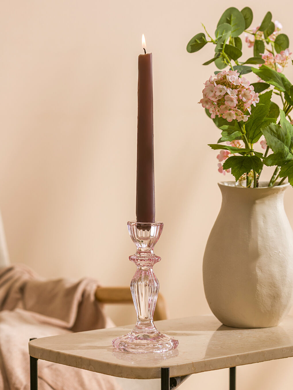 Pembe Ayaklı Cam Mumluk 16 cm