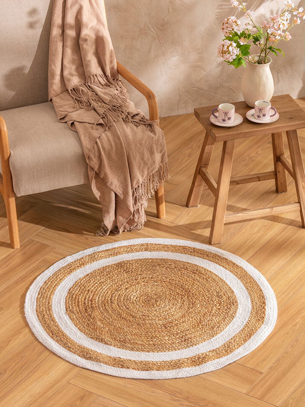 Karışık Çizgi Desenli Hasır Yuvarlak Halı 90 cm