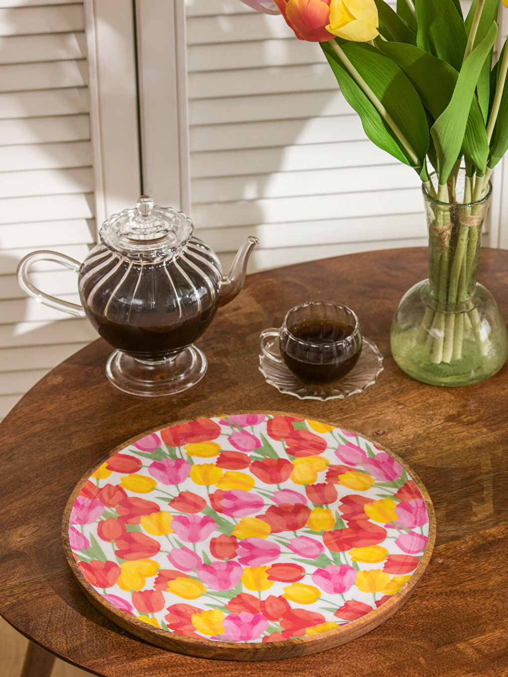 Karışık Çiçek Baskılı Ahşap Tepsi 30 cm-1