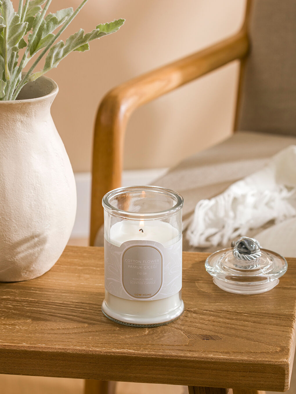 Renksiz Pamuk Çiçeği Kokulu Bardak Mum 15 cm
