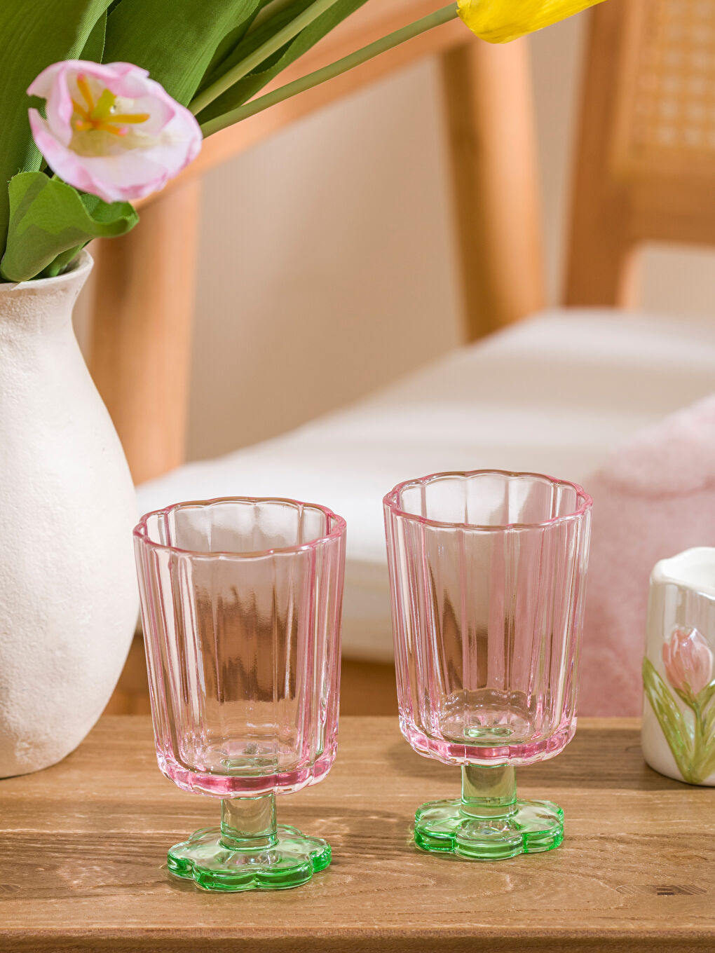 Renksiz Çiçek Desenli Ayaklı Cam Bardak Seti 2'li 260 Ml-1