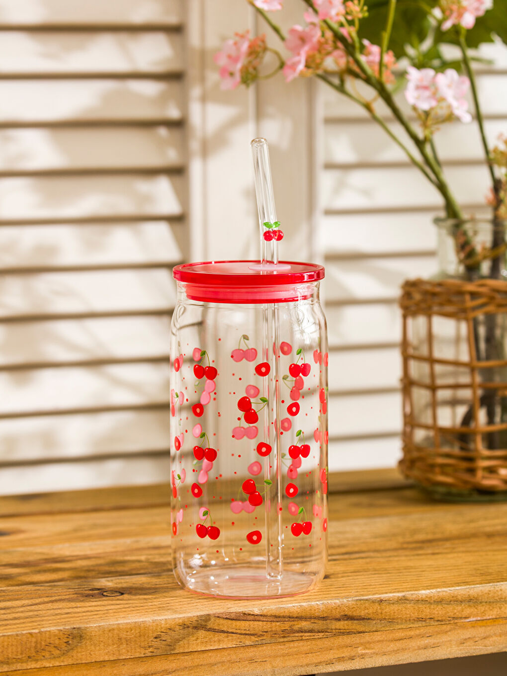 Renksiz Kiraz Baskılı Pipetli Bardak 460 Ml