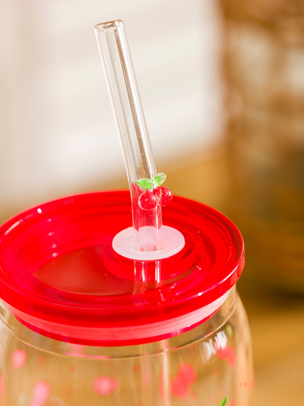 Renksiz Kiraz Baskılı Pipetli Bardak 460 Ml-1