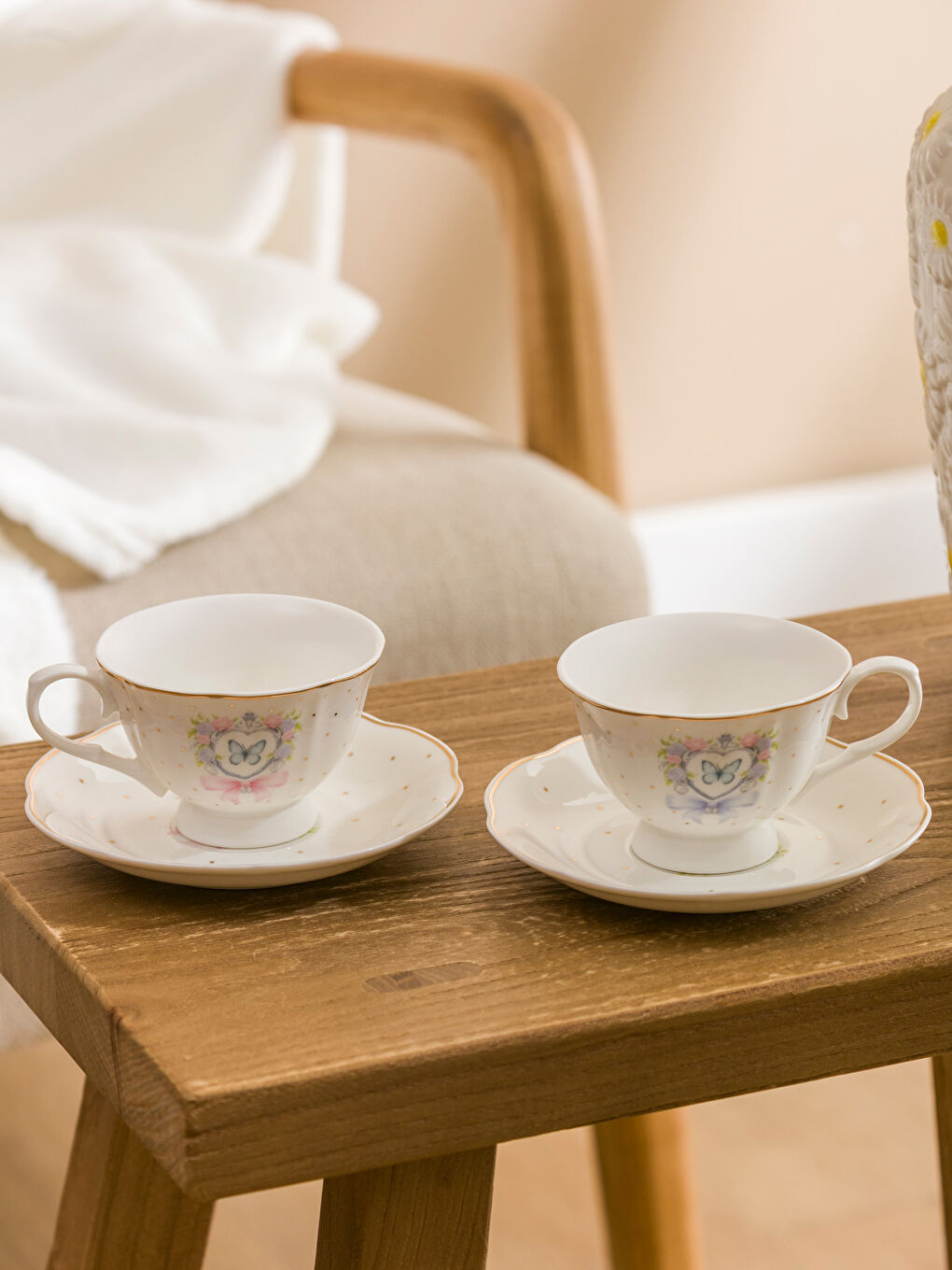 Karışık Kelebek Baskılı 2 Kişilik Porselen Kahve Fincan Takımı 90 ml