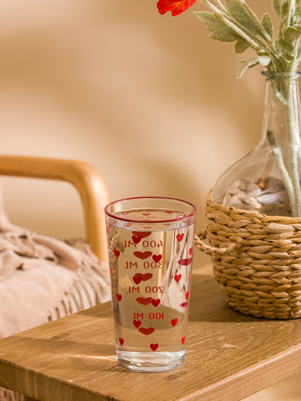 Kırmızı Kalp Baskılı Cam Bardak 500 ml