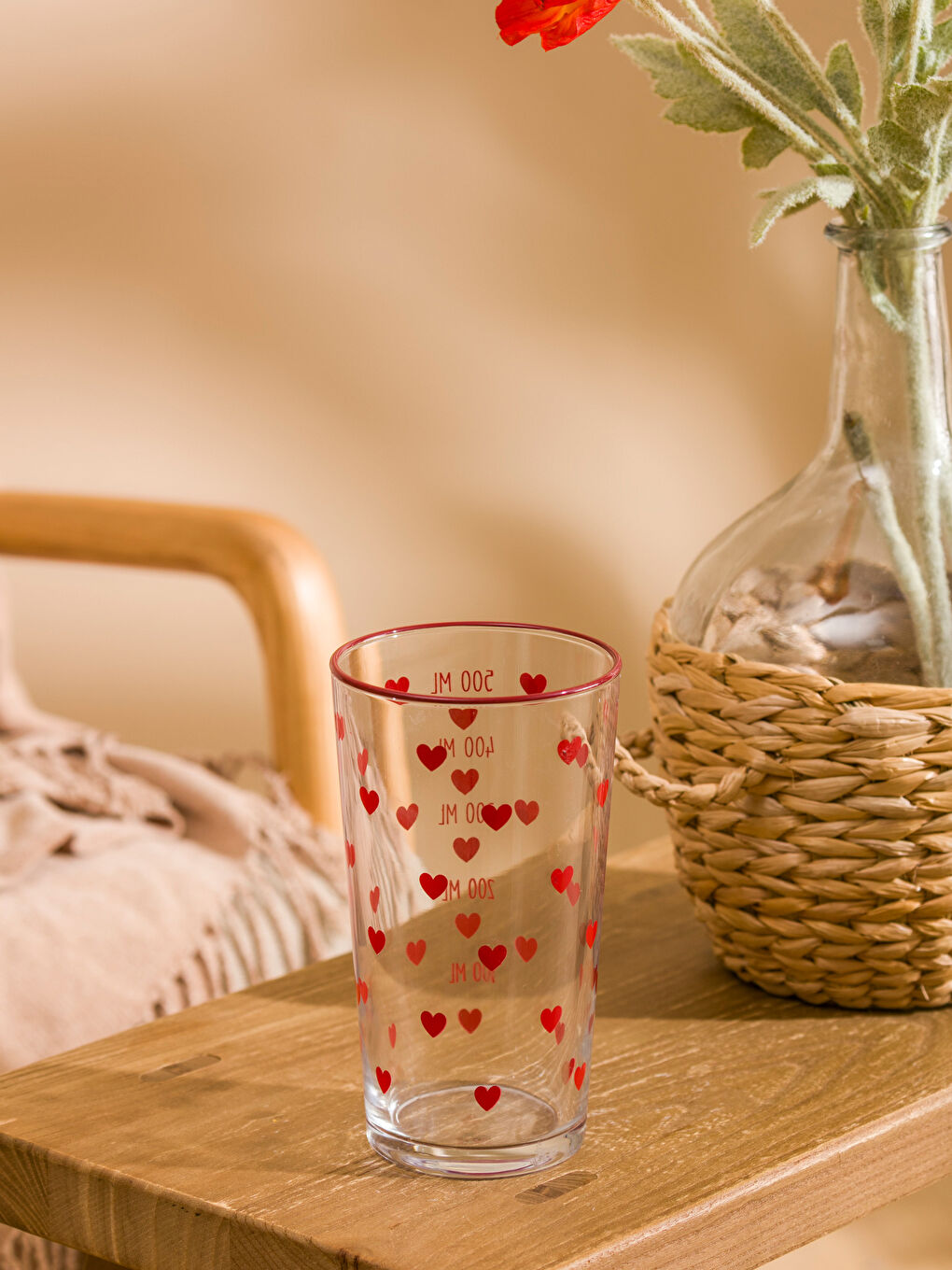 Kırmızı Kalp Baskılı Cam Bardak 500 ml-1