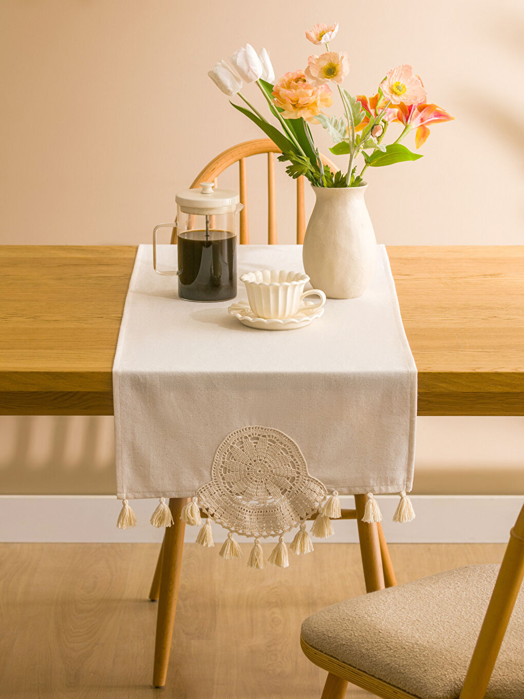 Ekru Püsküllü Runner 45x150 cm-1