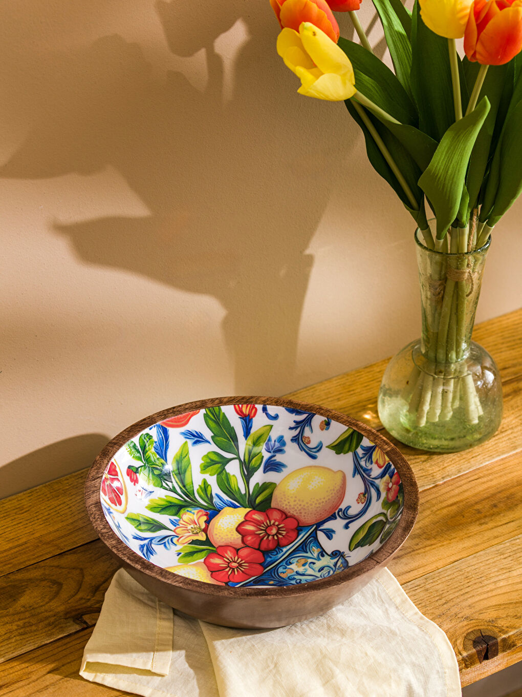 Karışık Baskılı Ahşap Kase 25 cm