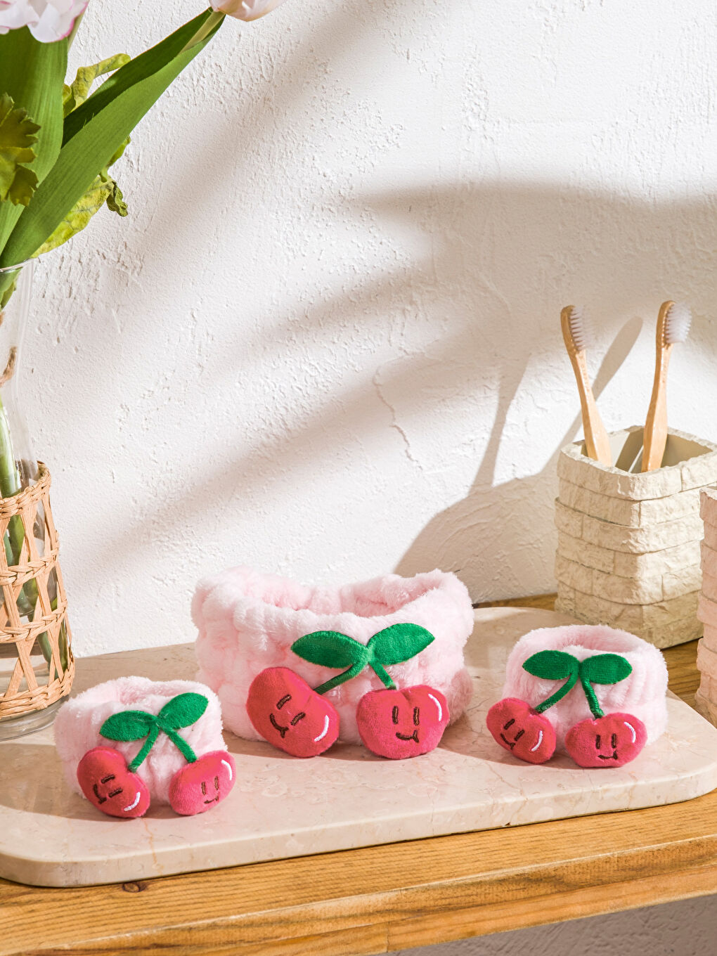 Pembe Kiraz Figürlü Kadın Saç Bandı ve Bileklik Seti