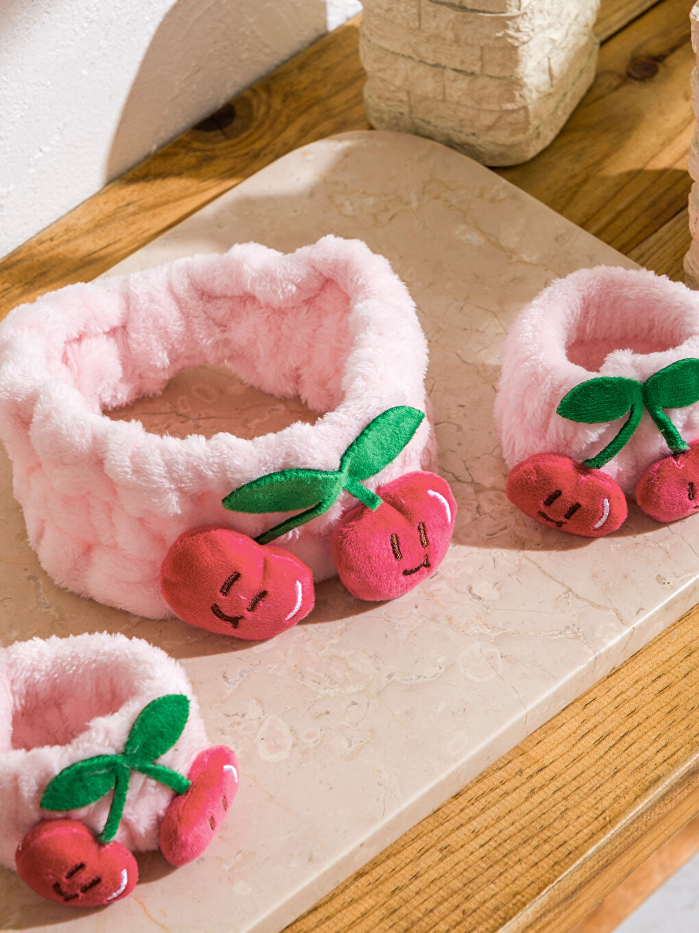 Pembe Kiraz Figürlü Kadın Saç Bandı ve Bileklik Seti-2