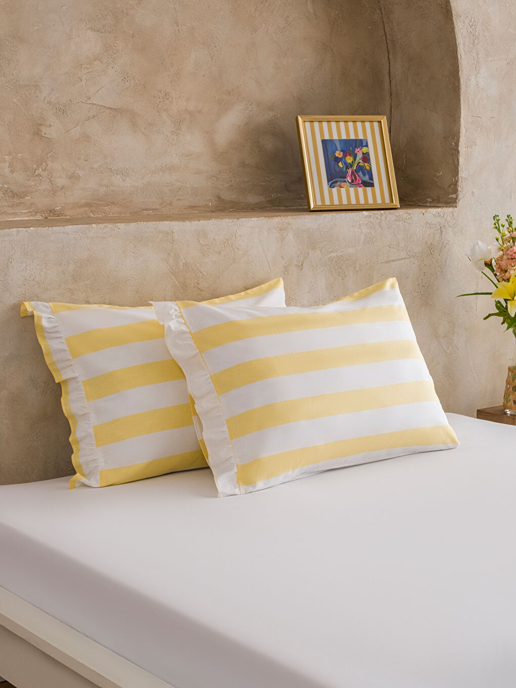 Sarı Çizgili Pamuklu Yastık Kılıfı 2'li 50x70 cm