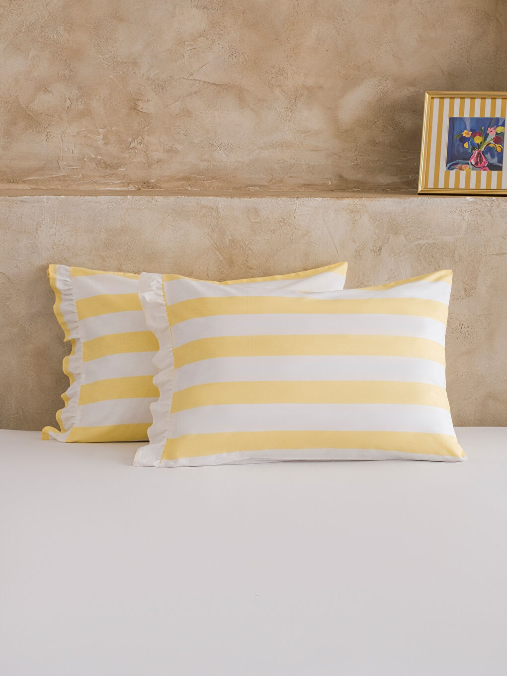 Sarı Çizgili Pamuklu Yastık Kılıfı 2'li 50x70 cm-1