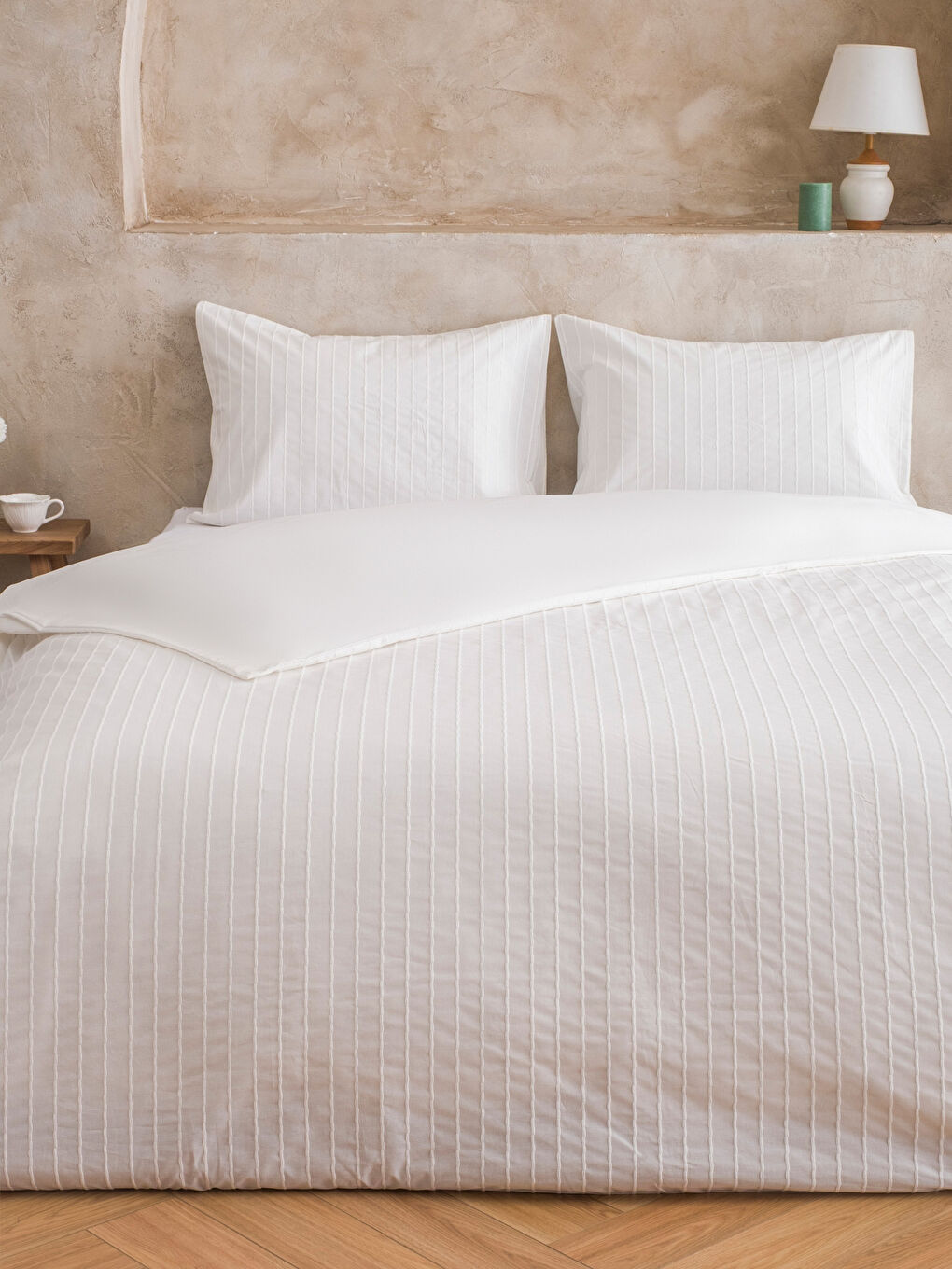 Ekru Çizgili Çift Kişilik Nevresim Seti