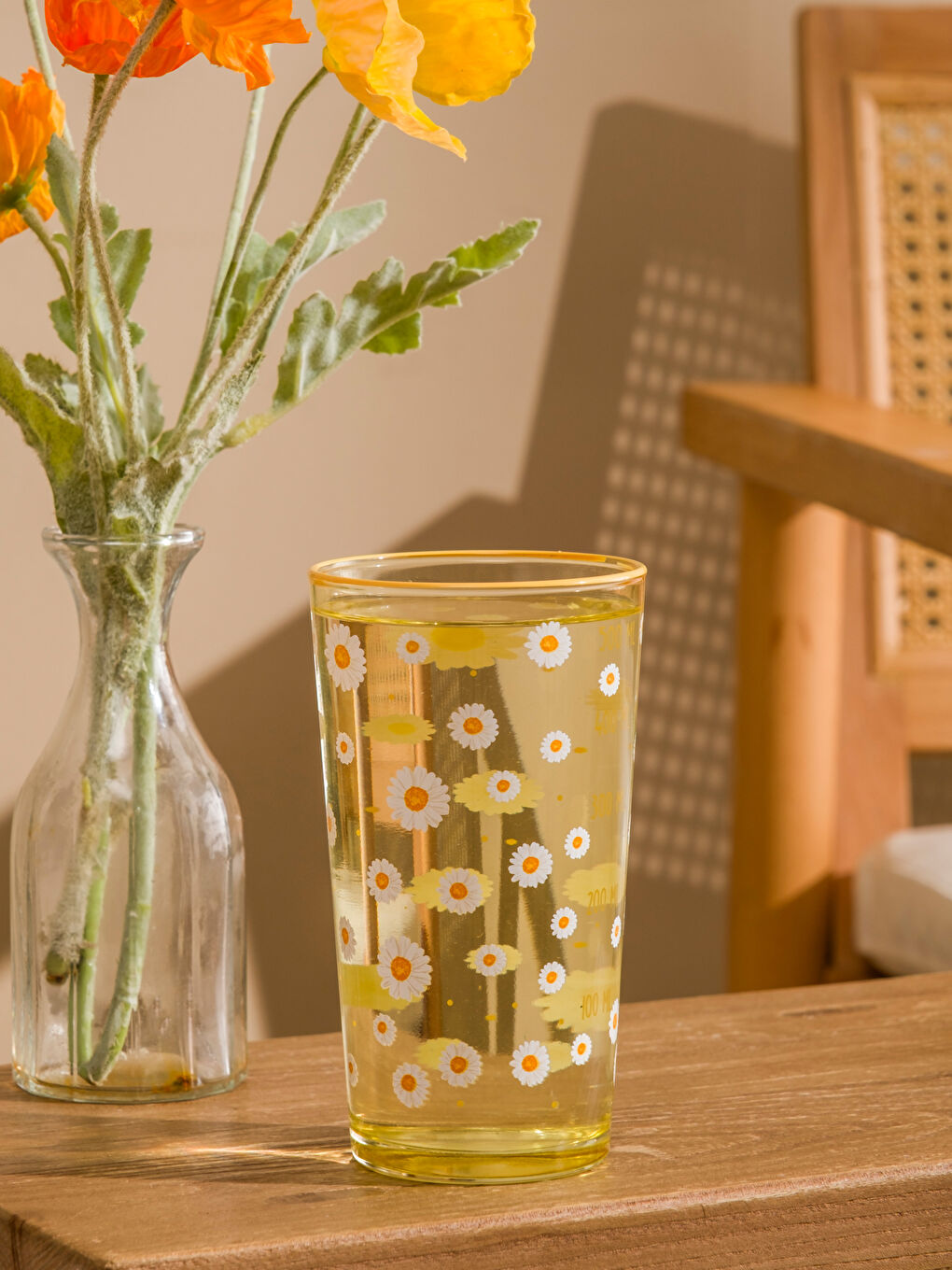 Sarı Çiçek Baskılı Cam Bardak