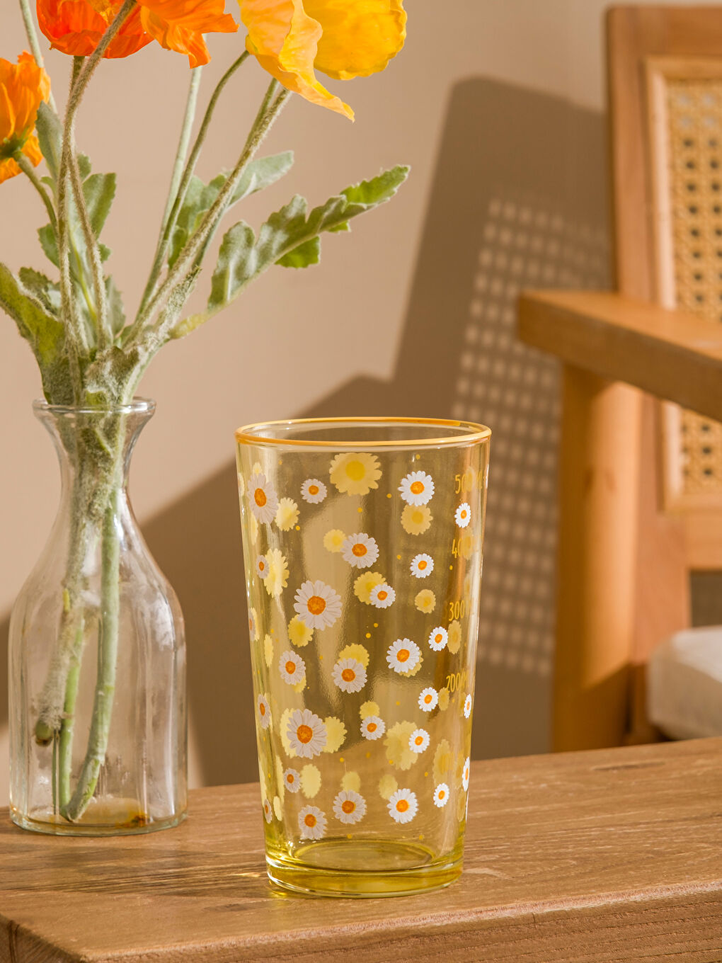 Sarı Çiçek Baskılı Cam Bardak-1