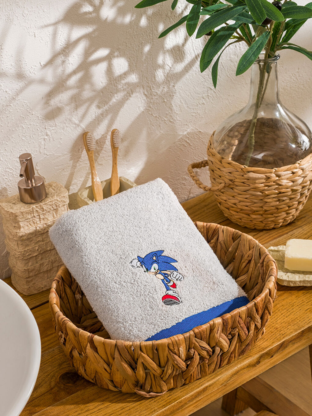 Gri Sonic Nakışlı Pamuklu Yüz Havlusu 50x80 cm-1