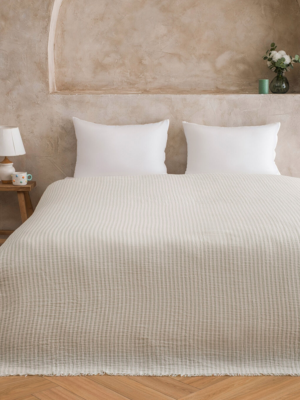 Yeşil Çift Kişilik Pamuklu Müslin Yatak Örtüsü