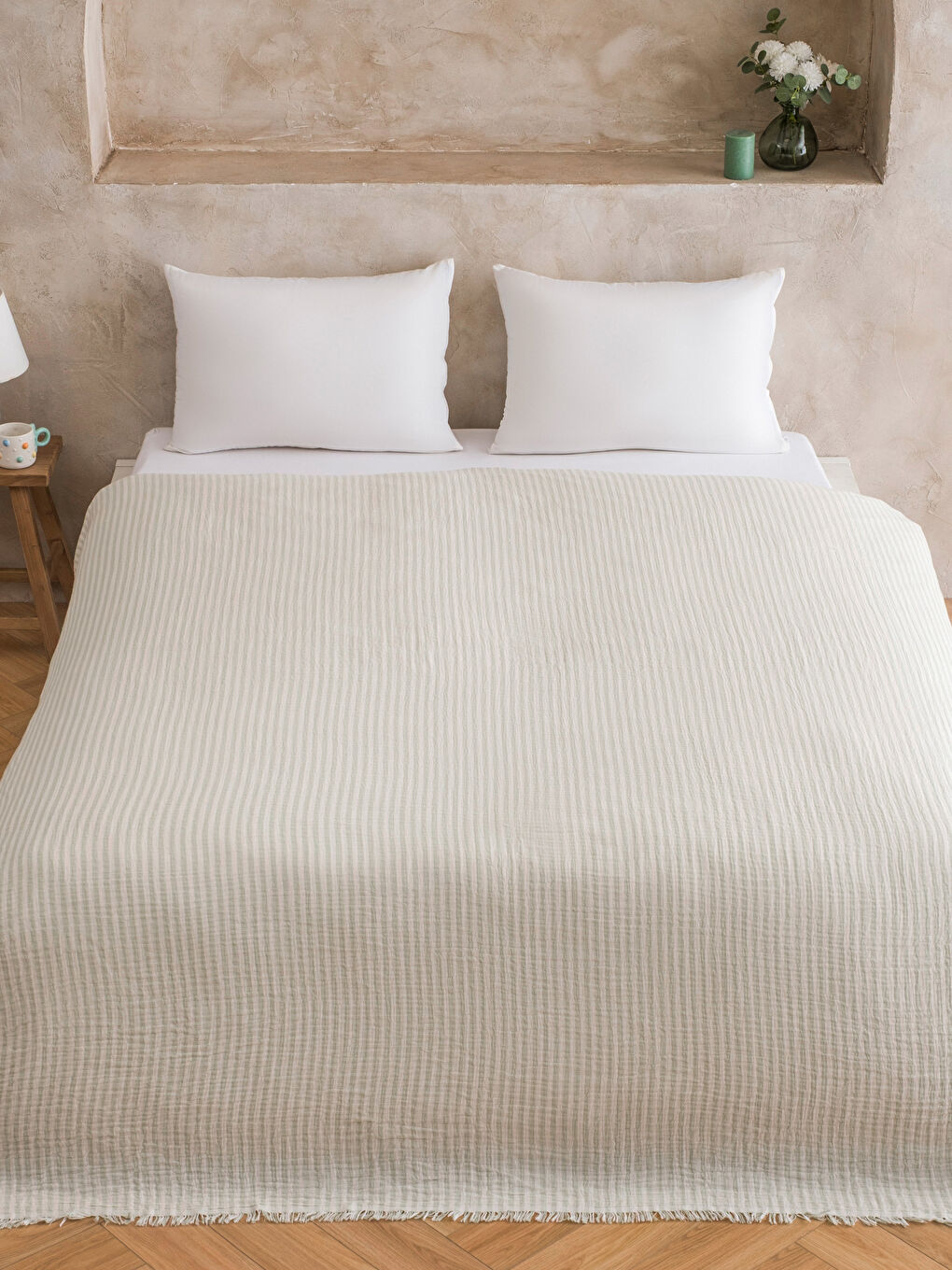 Yeşil Çift Kişilik Pamuklu Müslin Yatak Örtüsü-1