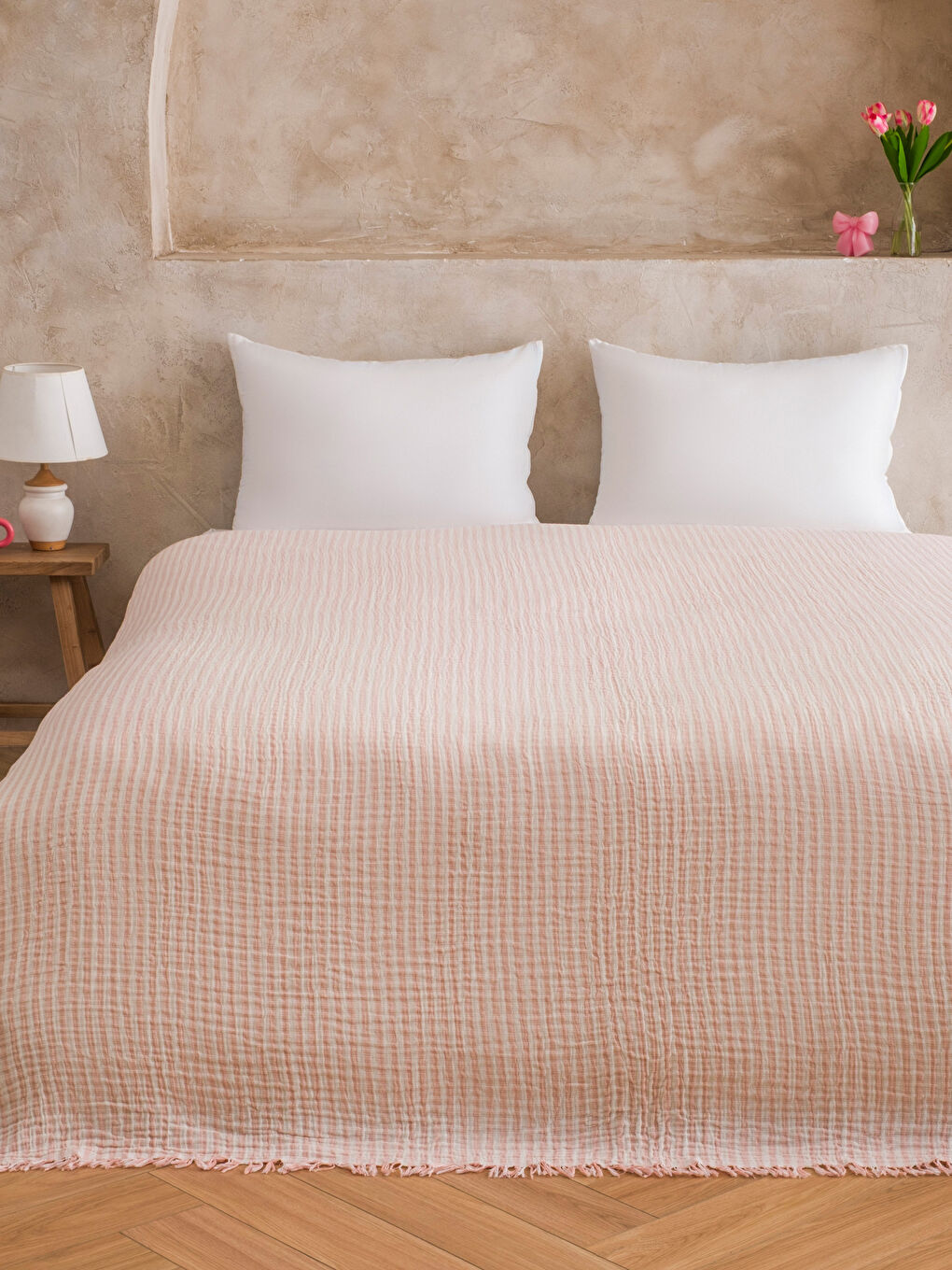 Pembe Çift Kişilik Pamuklu Müslin Yatak Örtüsü