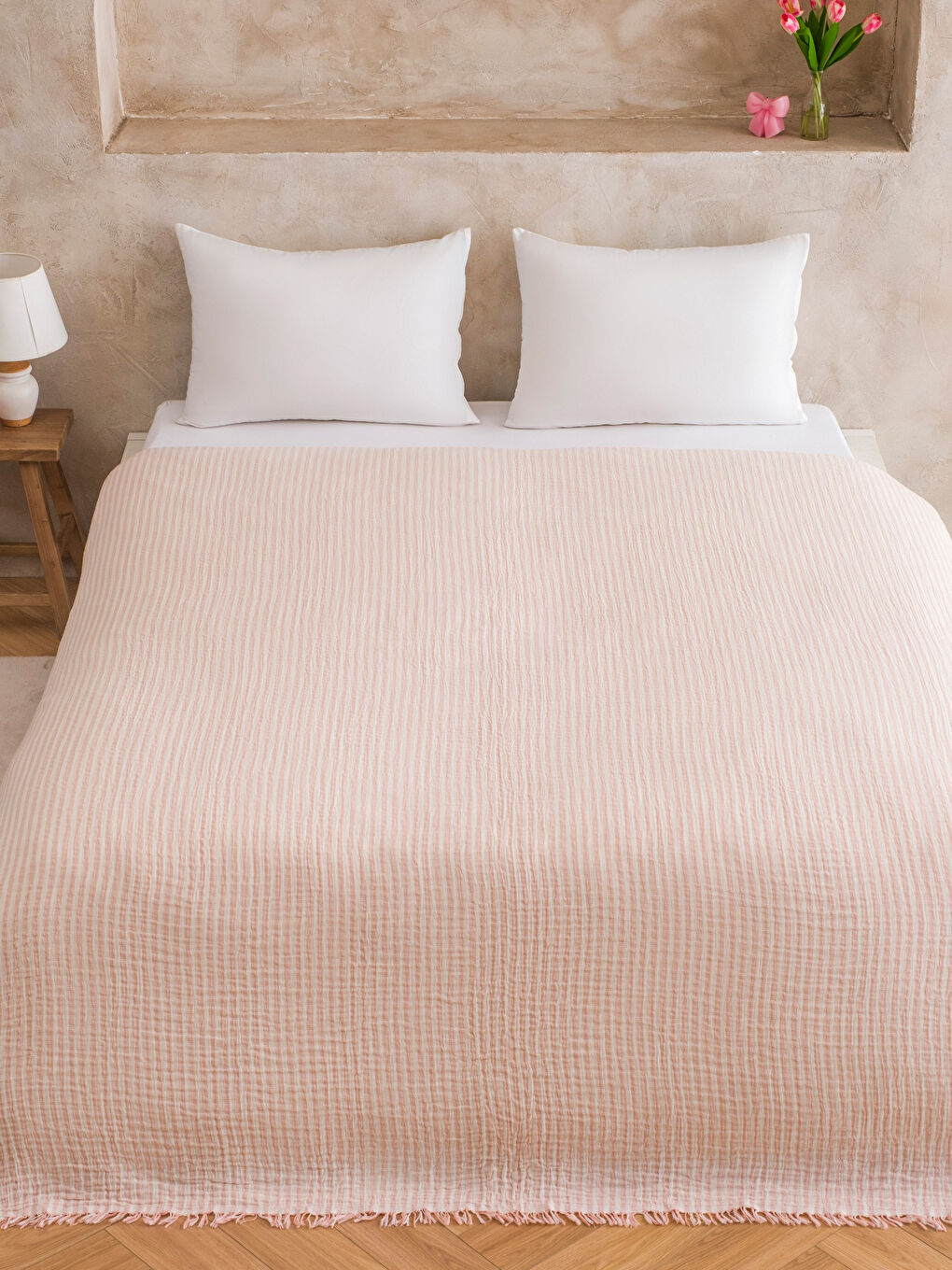 Pembe Çift Kişilik Pamuklu Müslin Yatak Örtüsü-1