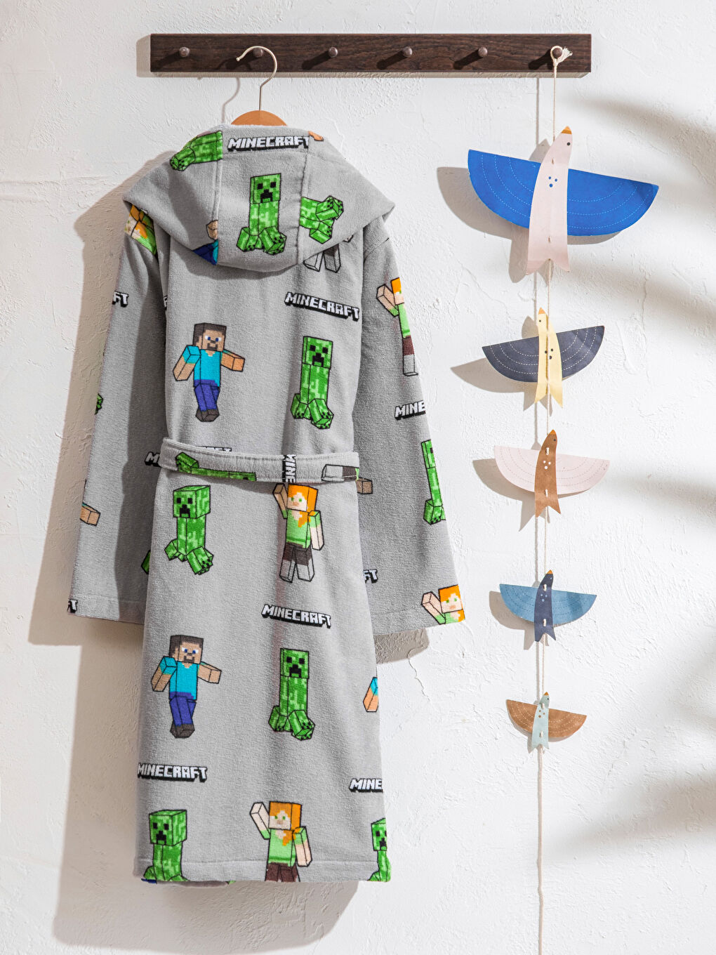Gri Minecraft Baskılı Erkek Çocuk Bornoz-1