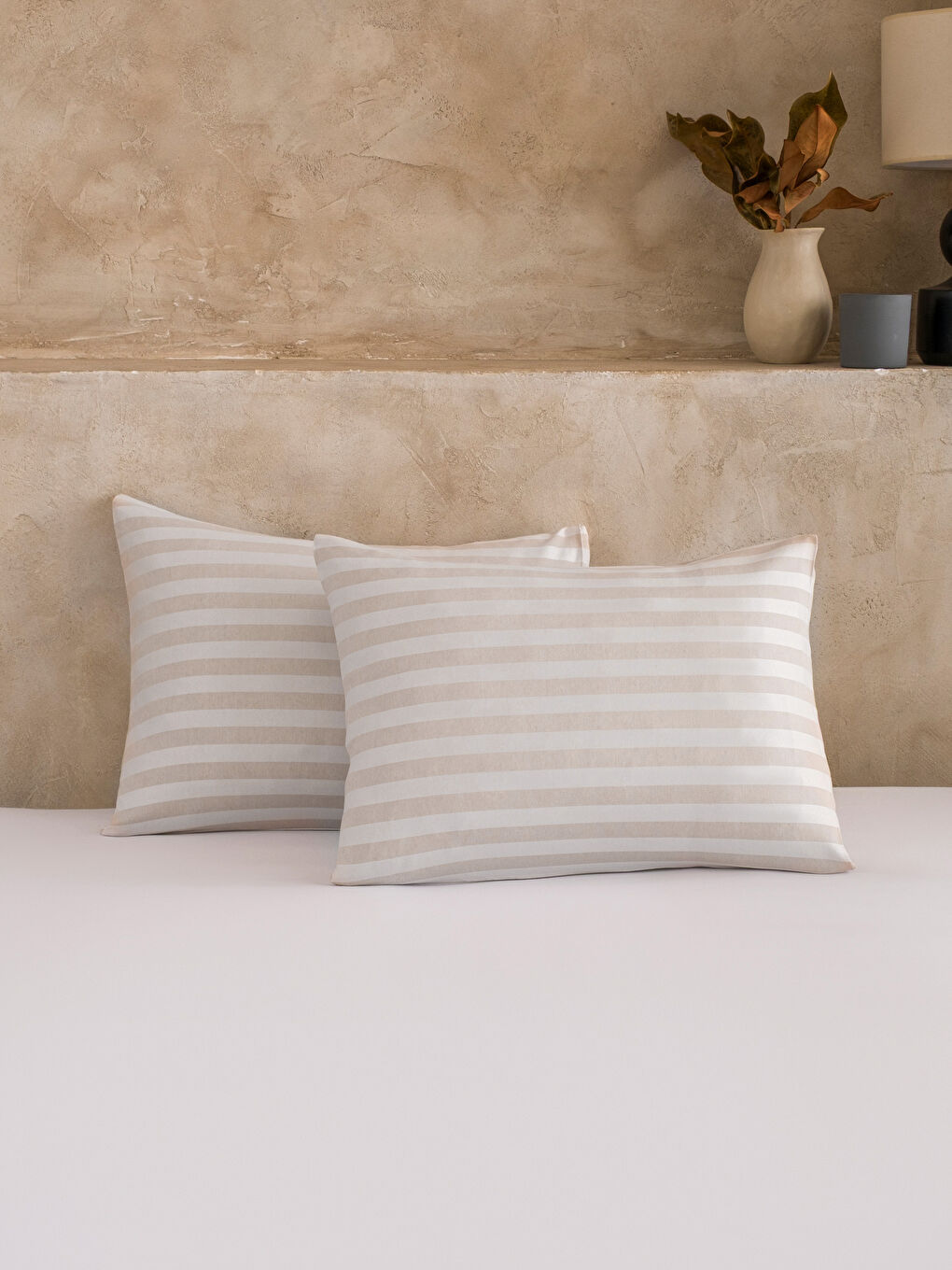Bej Çizgili Yastık Kılıfı 2'li 50x70 cm-1