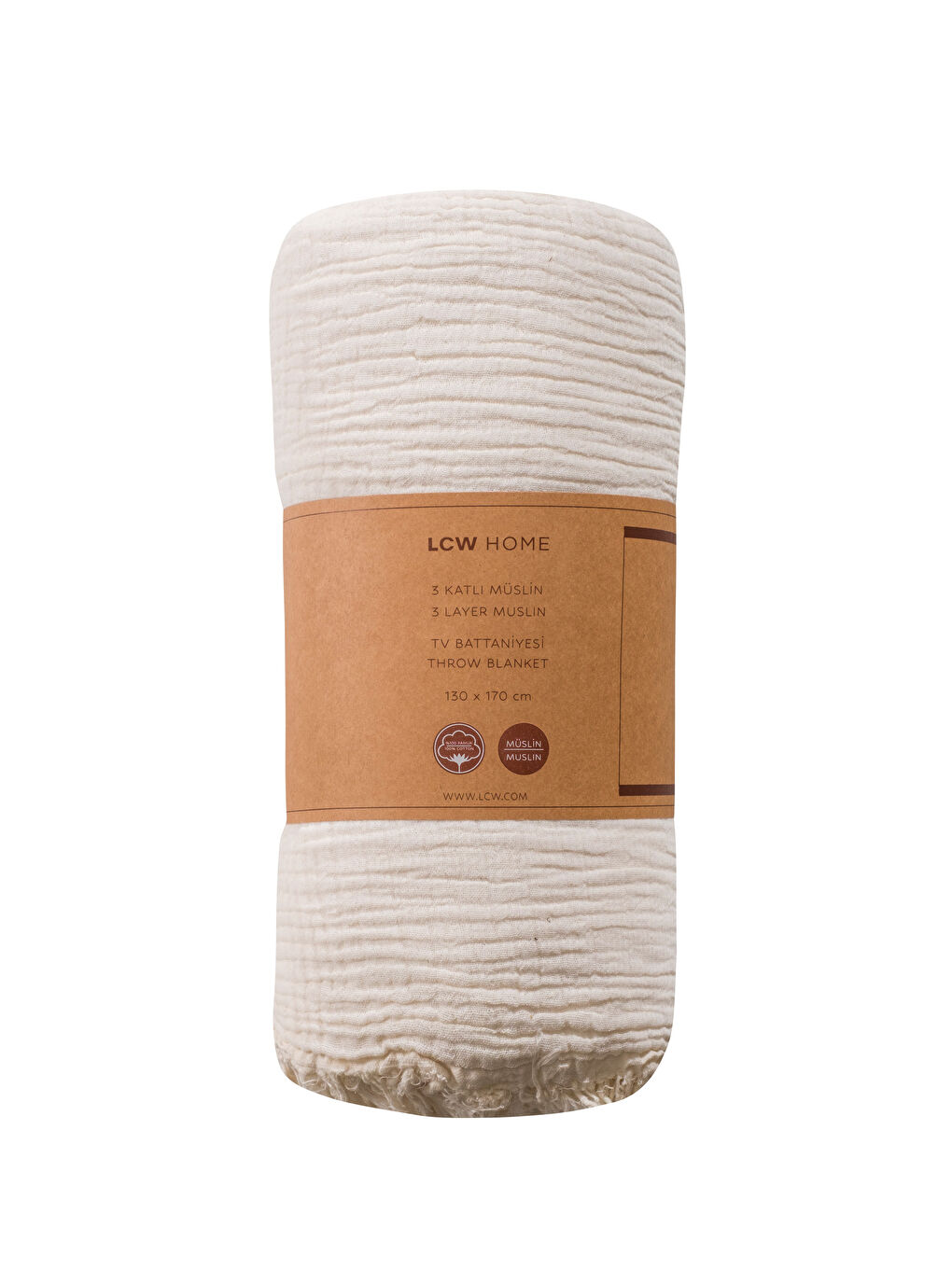 Ekru Püsküllü Müslin TV Battaniyesi 130x170 cm-3
