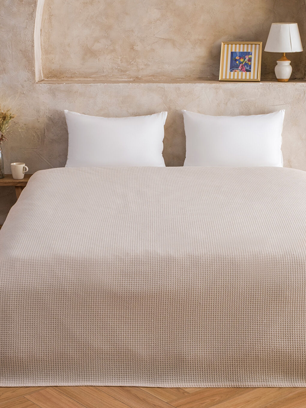 Bej Desenli Çift Kişilik Pamuklu Pike