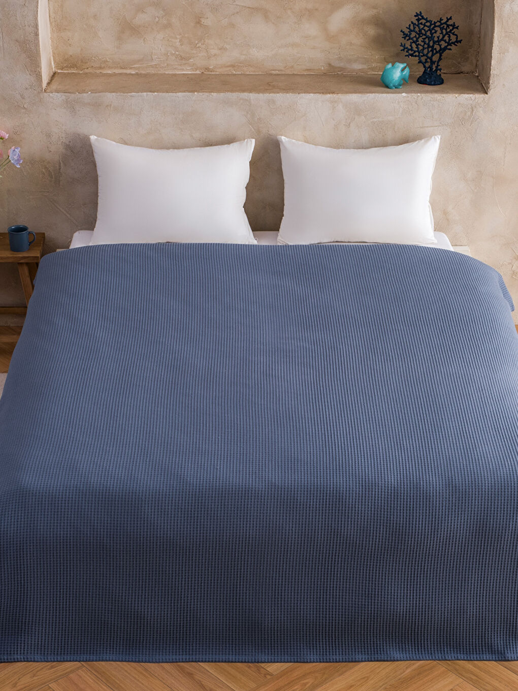 Mavi Desenli Çift Kişilik Pamuklu Pike-1