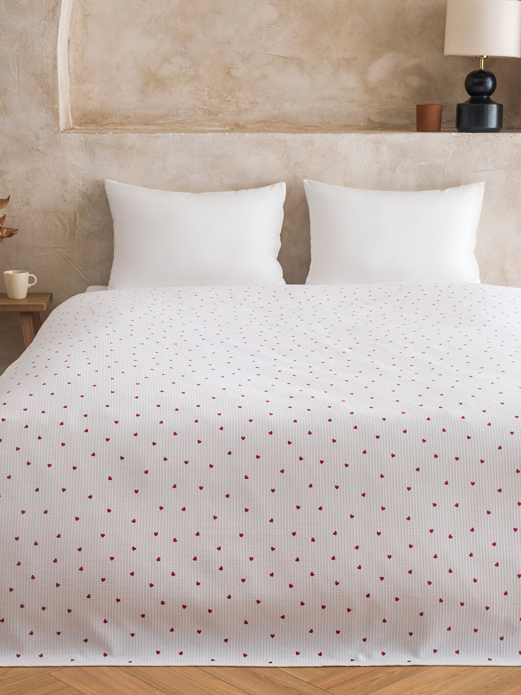 Kırmızı Kalp Desenli Çift Kişilik Pike