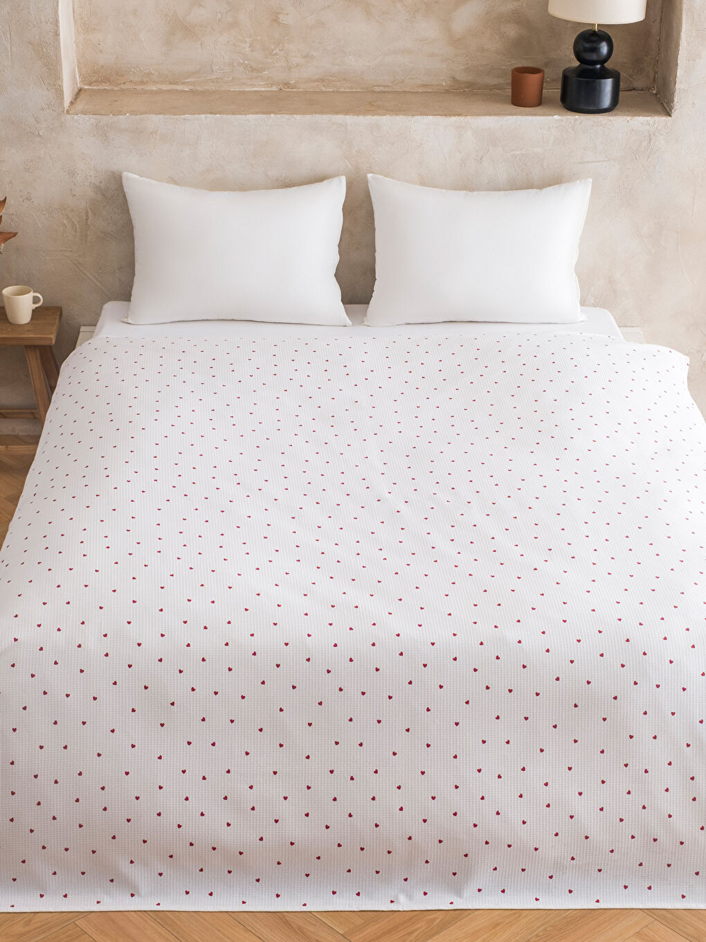 Kırmızı Kalp Desenli Çift Kişilik Pike-1