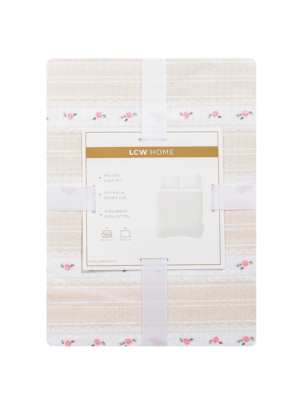 Bej Çiçek Desenli Pamuklu Çift Kişilik Pike Seti-6