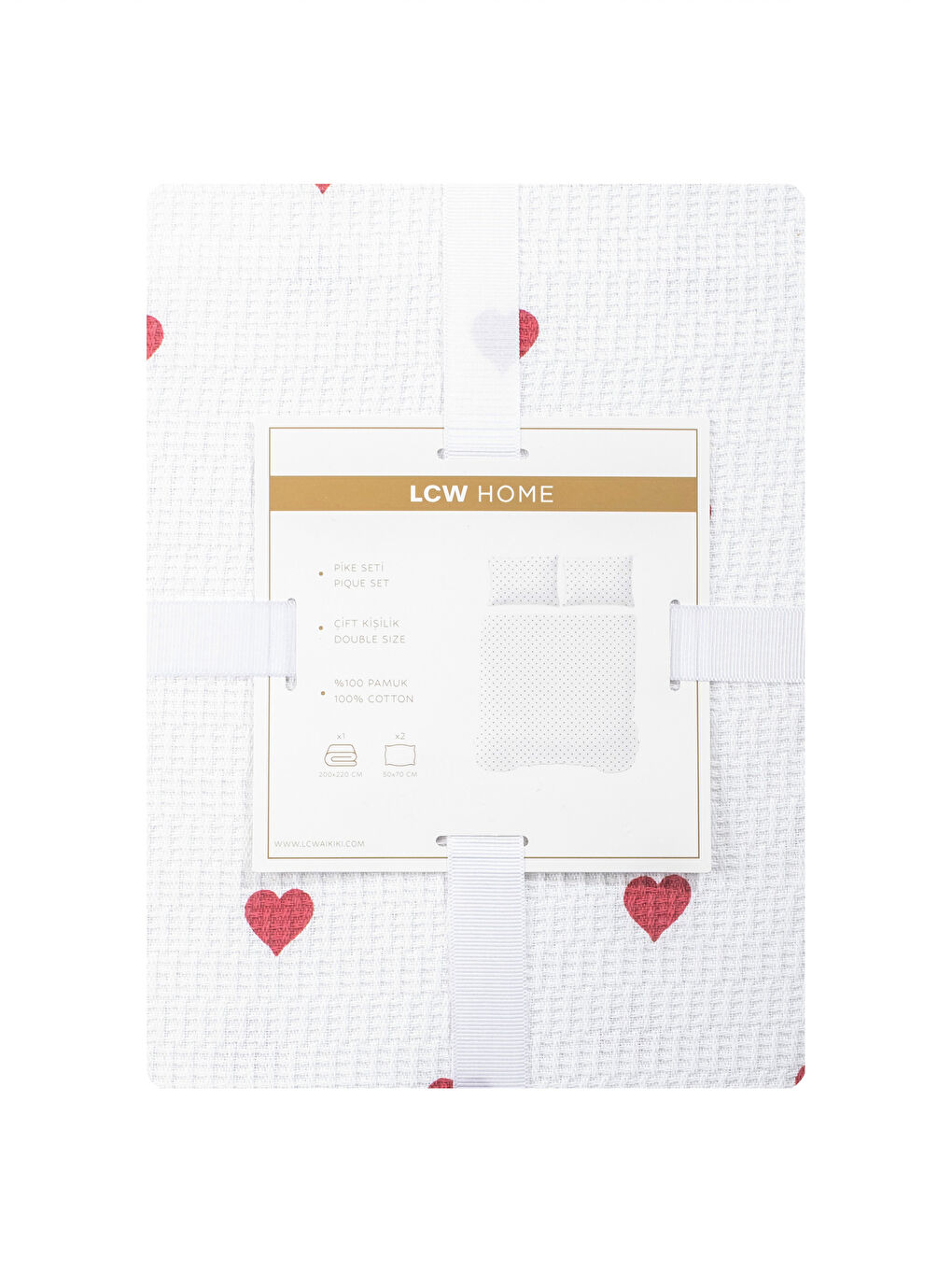 Kırmızı Kalp Desenli  Pamuklu Çift Kişilik Pike Takımı-6