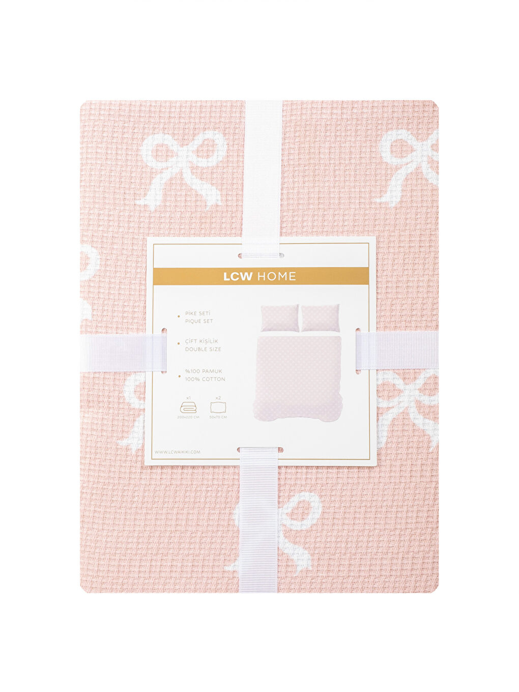 Pembe Fiyonk Desenli Pamuklu Çift Kişilik Pike Seti-6