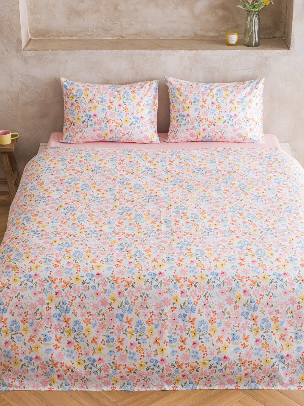 Pembe Çiçek Desenli Çift Kişilik Pike Takımı-1