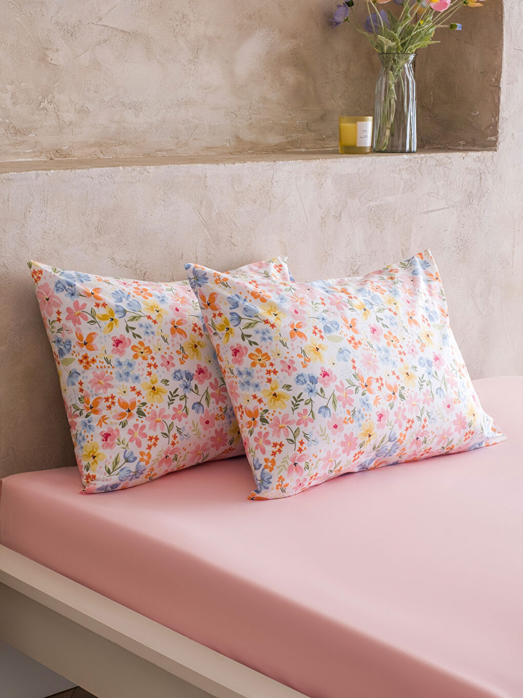 Pembe Çiçek Desenli Çift Kişilik Pike Takımı-2