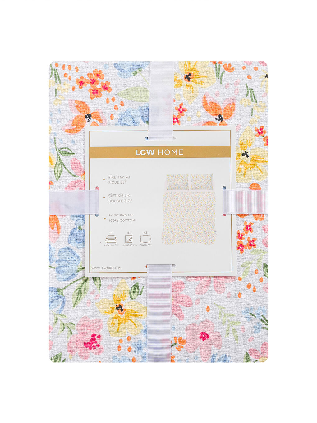 Pembe Çiçek Desenli Çift Kişilik Pike Takımı-7