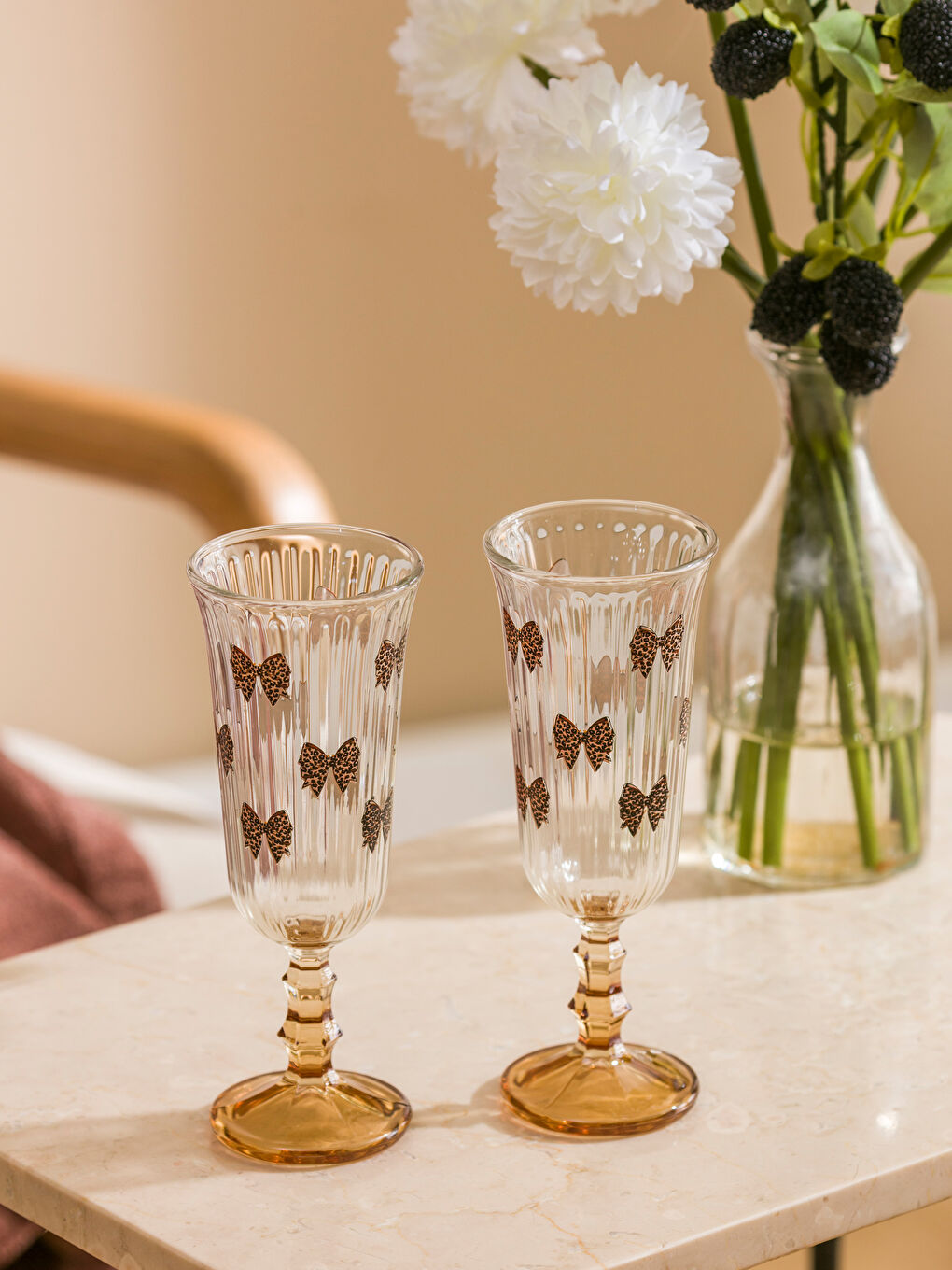 Karışık Fiyonk Baskılı Ayaklı Cam Bardak Seti 2'li 120 ml-1