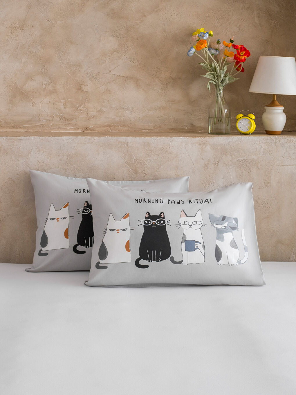 Karışık Kedi Baskılı Pamuklu Yastık Kılıfı 2'li 50x70 cm-1