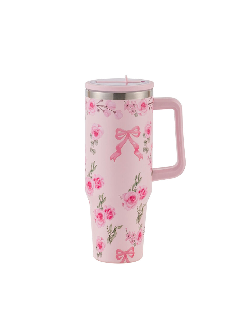 Karışık Çiçek ve Fiyonk Desenli Kulplu Termos Kupa 1200 ml-4