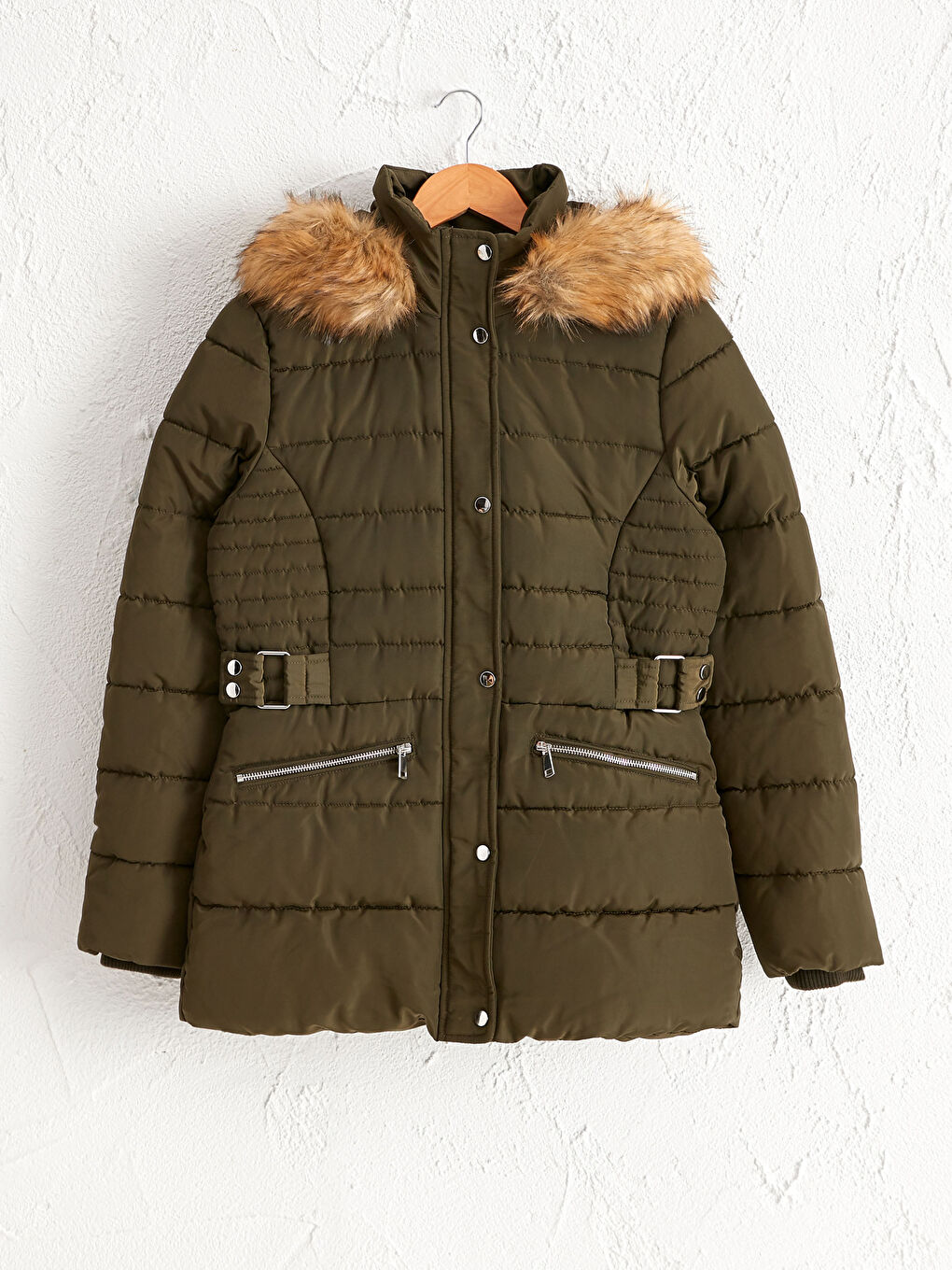 Geacă Matlasată cu detalii din blană artificială și glugă