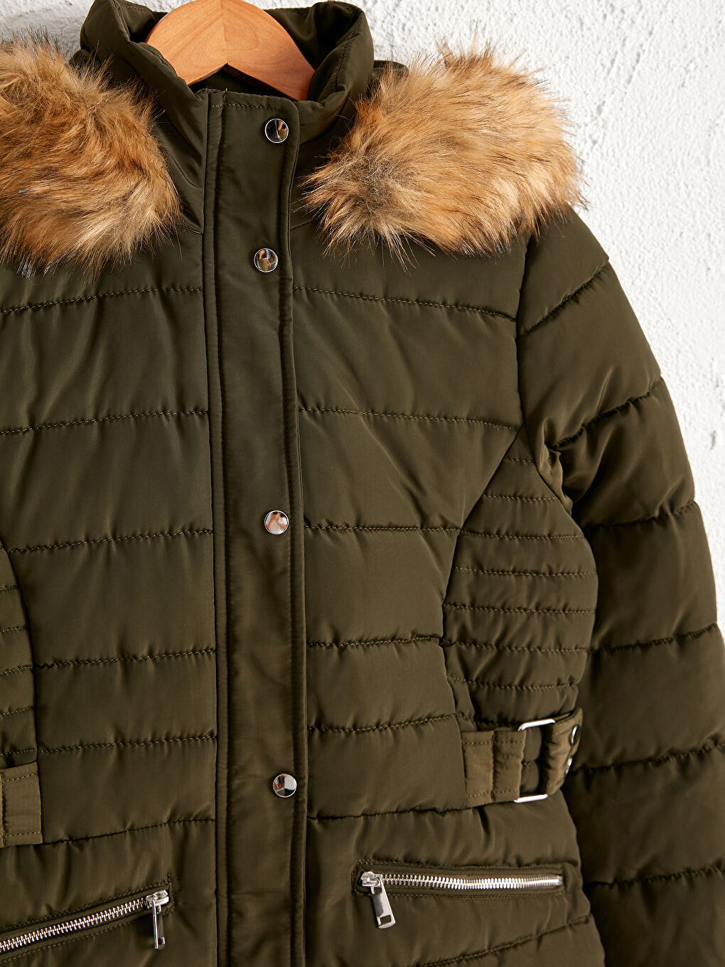 Geacă Matlasată cu detalii din blană artificială și glugă-3