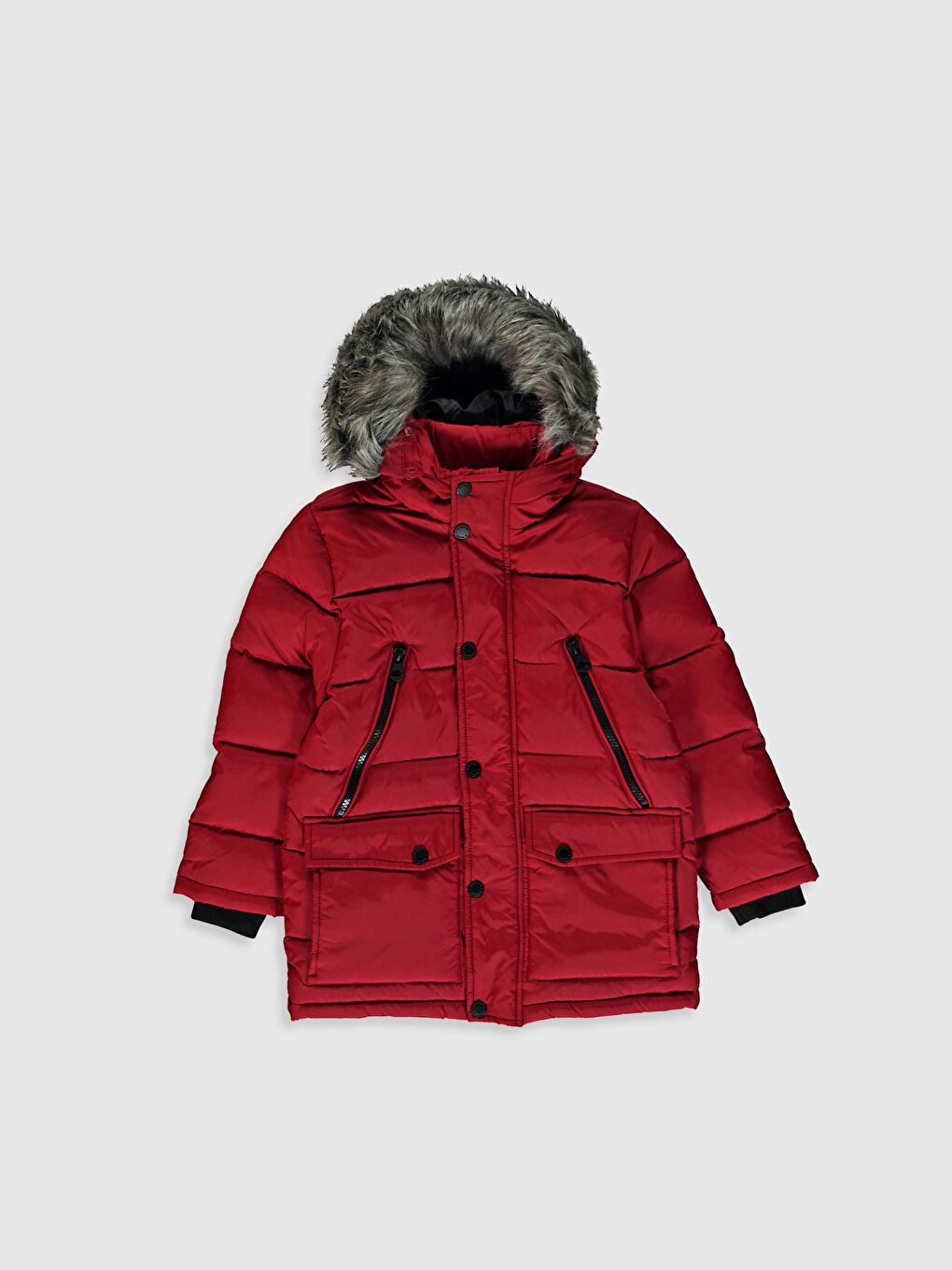 Kırmızı Erkek Çocuk Kapüşonlu Kaz Tüyü Kaban
